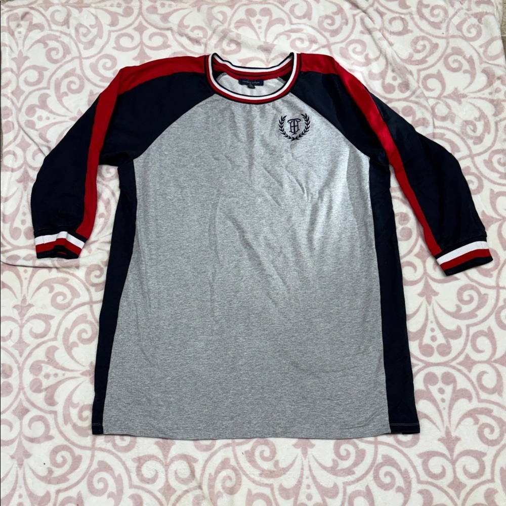 Tommy Hilfiger Gray and Navy Long Sleeve Shirt with Red Accents